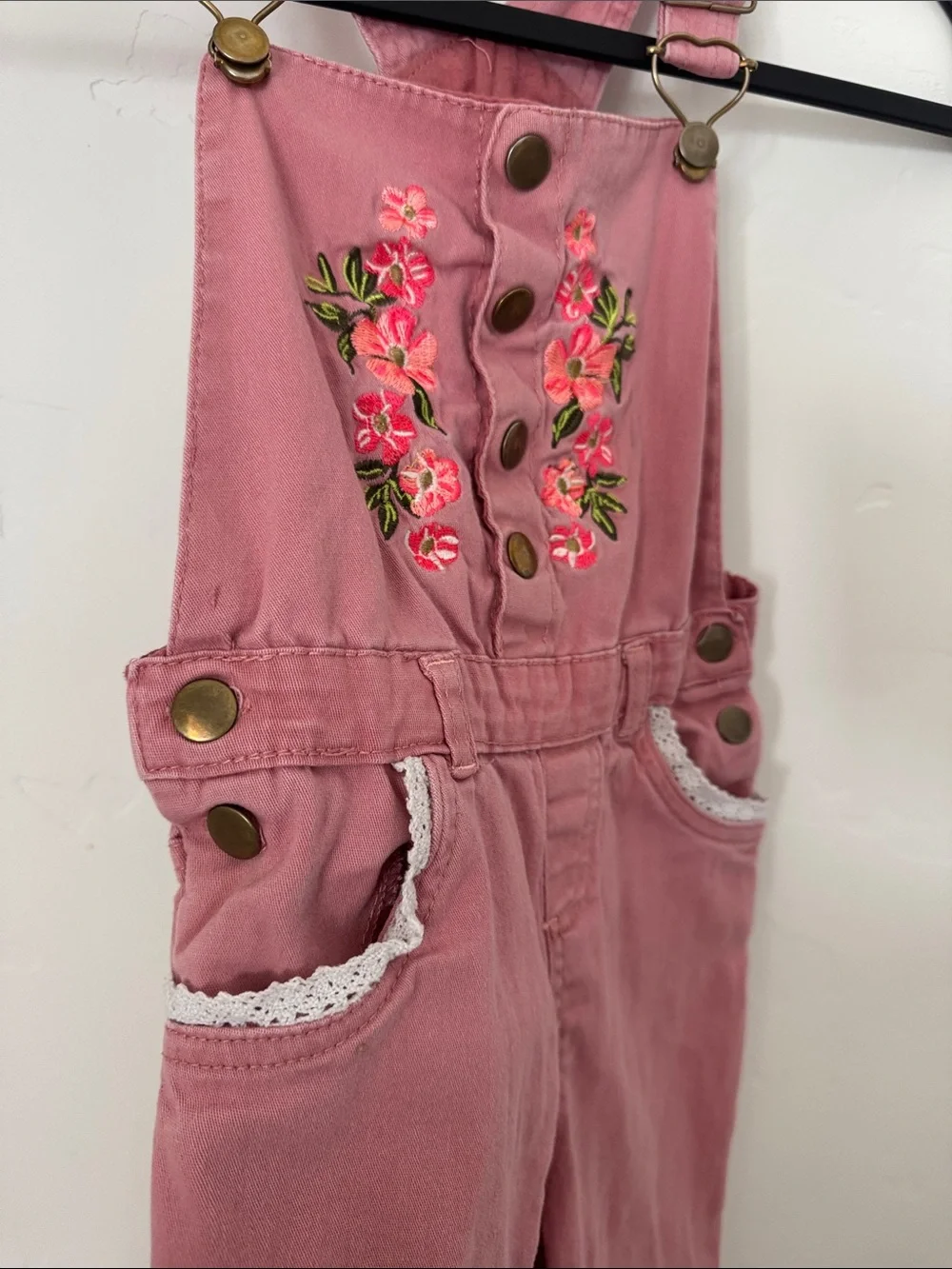 Girls Pink Floral Embroidered Denim Overalls Lace Trim Adjustable Straps Size 6